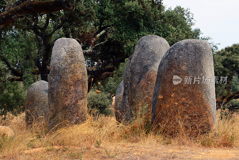 Meio cromlech的Vale de Maria -由30个mehirs排列成椭圆形的巨石建筑群，Évora，葡萄牙阿连特霍